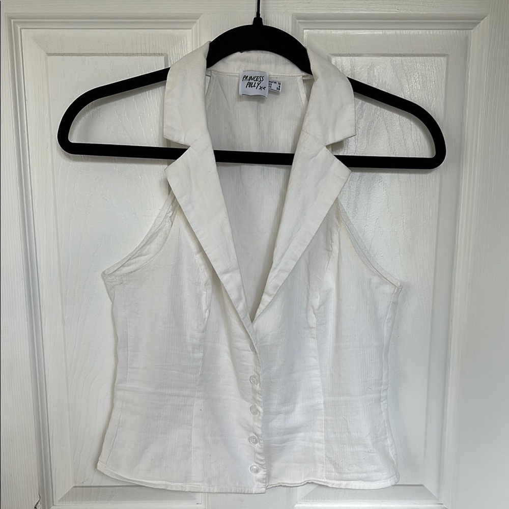 Collared Button Down White Sleeveless Halter Top - image 1